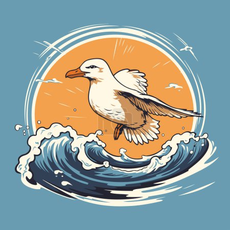 Illustration for Seagull flying on the wave. vector illustration in vintage style - Royalty Free Image
