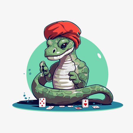 Téléchargez les illustrations : Joli crocodile jouant aux cartes. Illustration vectorielle dans le style dessin animé. - en licence libre de droit