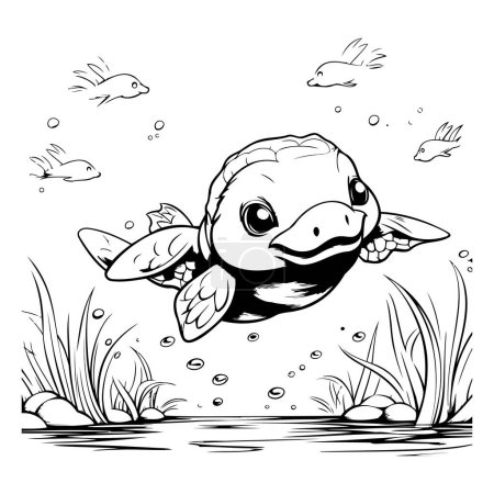 Ilustración de Ilustración vectorial de una linda tortuga de dibujos animados nadando en el estanque. Libro para colorear para niños. - Imagen libre de derechos