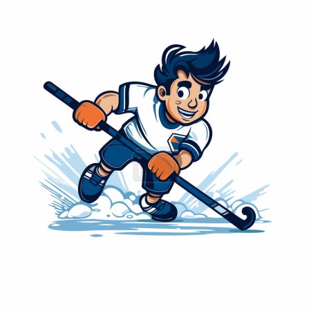 Illustration for Vector illustration of a cartoon hockey player playing ice hockey with stick. - Royalty Free Image
