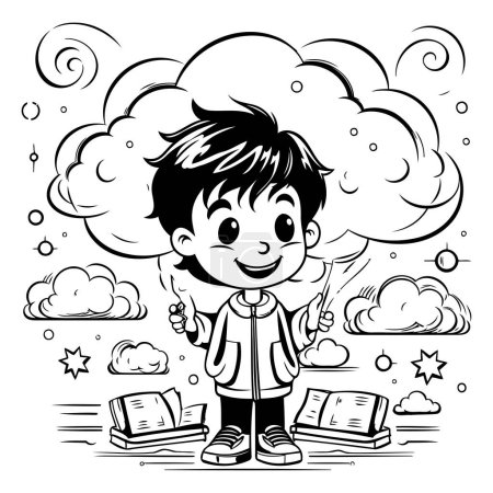 Ilustración de Dibujos animados en blanco y negro Ilustración de niño leyendo un libro en las nubes - Imagen libre de derechos