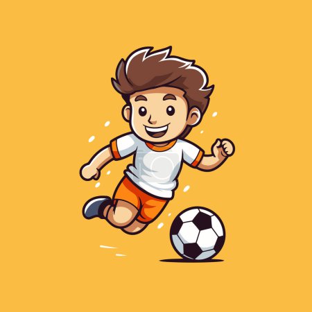 Illustration for Cartoon soccer player running with ball isolated on yellow background. Vector illustration - Royalty Free Image