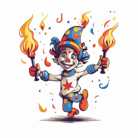 Illustration for Clown with a torch in his hand. Vector cartoon illustration. - Royalty Free Image