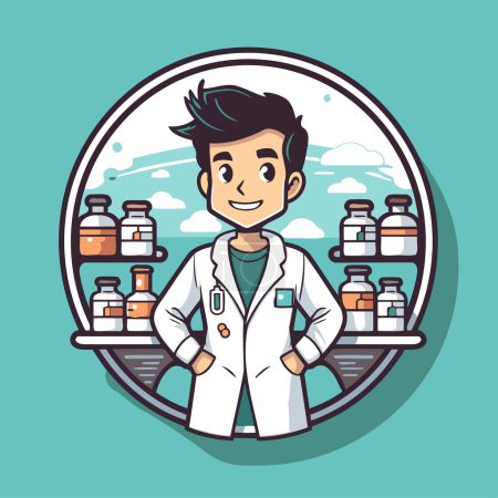 Illustration for Pharmacist in the round frame. Vector illustration in cartoon style. - Royalty Free Image