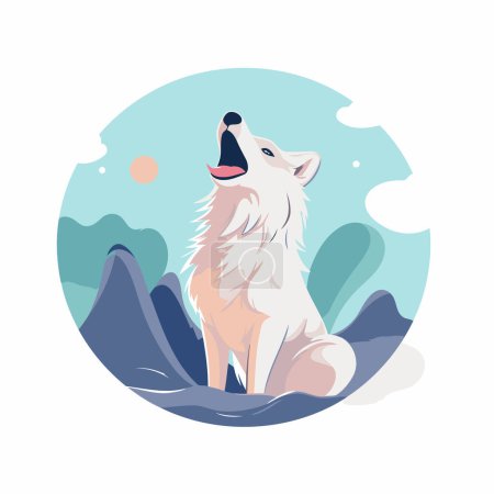 Illustration for Vector illustration of a cute white wolf sitting on the background of the sea. - Royalty Free Image