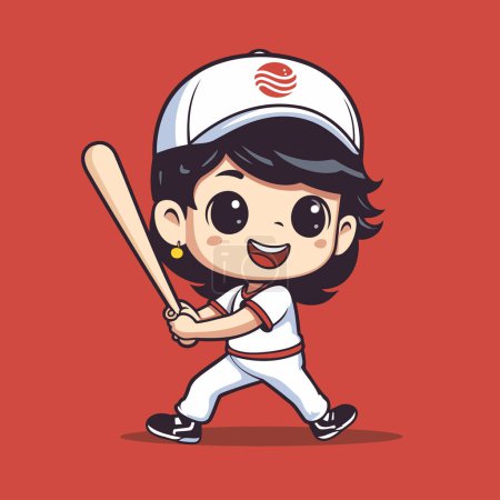 Téléchargez les illustrations : Petite fille mignonne Joueuse de baseball Illustration de personnage de mascotte de dessin animé - en licence libre de droit