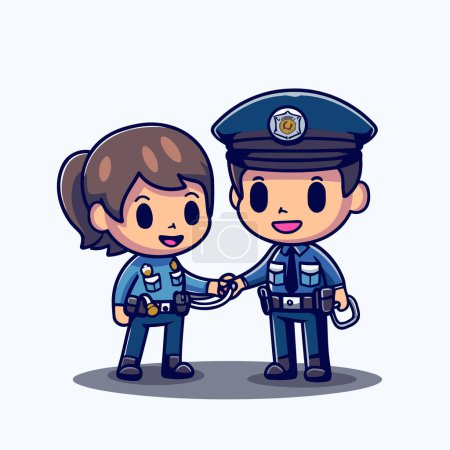 Illustration for Cute policeman and policewoman holding hands. cartoon vector illustration - Royalty Free Image