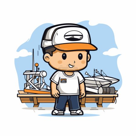 Fisherman with fishing boat on the pier. Cartoon vector illustration.