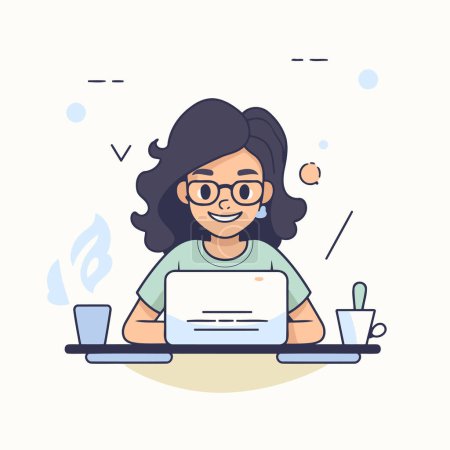 Téléchargez les illustrations : Jeune femme travaillant sur un ordinateur portable à la maison. Illustration vectorielle en style plat - en licence libre de droit