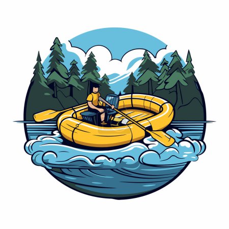 Illustration for Vector illustration of a woman paddling in an inflatable boat. - Royalty Free Image