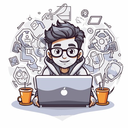 Illustration for Vector illustration of a young man with a laptop in his hands. - Royalty Free Image