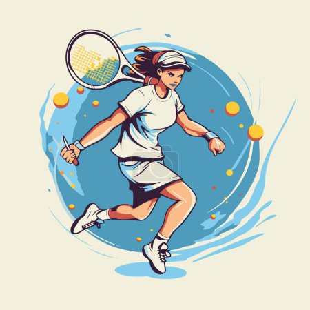 Ilustración de Jugador de tenis en acción con raqueta y pelota. Ilustración vectorial. - Imagen libre de derechos