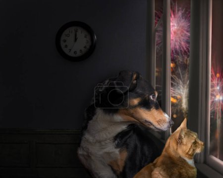 Hund und Katze schauen aus dem Fenster und beobachten das Feuerwerk