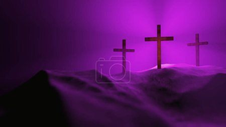 Photo for Three religious crosses during abstract sunset on jerusalem hill, spiritual symbol to celebrate resurrection of Christ and Easter concept. Holy crucifix worshiping god and sacrifice. - Royalty Free Image