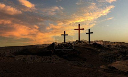 Cruces cristianos en la colina al aire libre al amanecer. Crucifixión del Calvario. Ilustración 3D. Luz dramática.