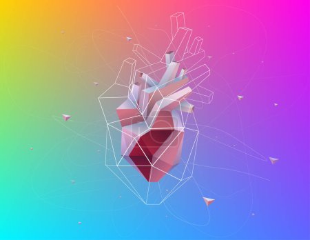 Photo for 3D illustration of a human heart presented in geometric shapes consisting of white lines scattered around its periphery. - Royalty Free Image