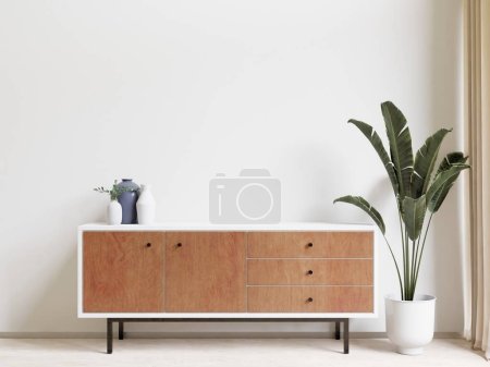 Téléchargez les photos : Salon de style minimaliste avec plancher en bois, mur blanc, armoire marron en bois, grande fenêtre, tapis - en image libre de droit