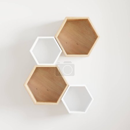 white and wooden Hexagon shelf and empty shelf, copy space, mock up, hexegon	