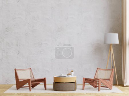 big white living room.loft interior design,wooden chair,wooden table,floral in vase,lamp,carpet ,concrete wall for mock up and copy space