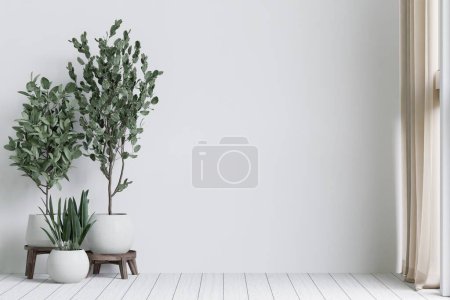 Photo for Big white living room.interior design,woodedn floor,tree dacoration, empty wall for mock up and copy space. - Royalty Free Image