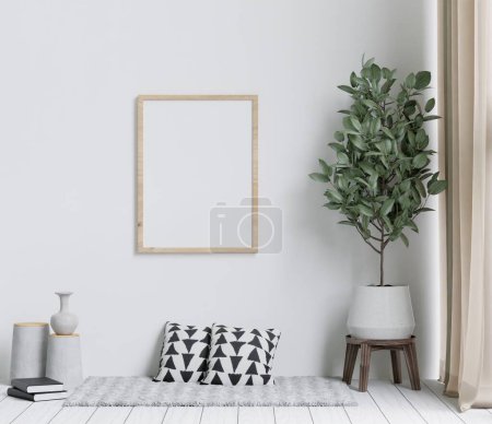 minimalistisches Wohnzimmer mit Holzboden, weiße Wand, große Couch, großes Fenster, Teppich, Holzschrank, Rahmen für Attrappen