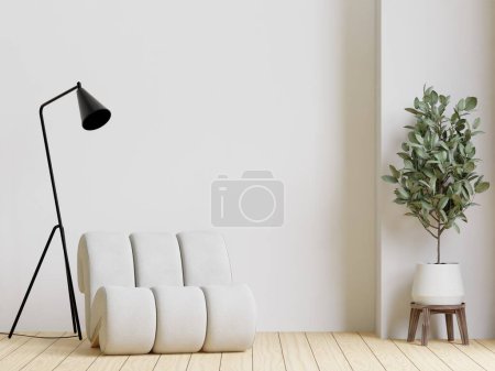 Representación 3D sala de estar de estilo minimalista con suelo de madera, pared blanca, sofá grande, ventana grande, alfombra, árbol
