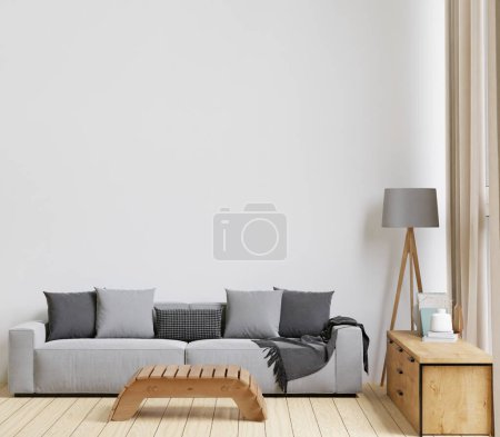 Photo for 3D rendering minimal style living room with wooden floor ,white wall,big grey couch sofa,big window,carpet,wooden cabinet,wall for mockup - Royalty Free Image