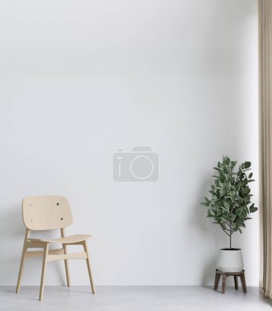 3D-Rendering minimalen Stil Wohnzimmer mit Holzboden, weiße Wand, große Couch, großes Fenster, hölzerne Schrankwand für Attrappe und Kopierraum