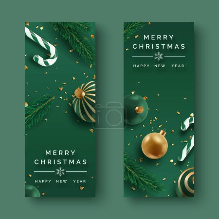 Zwei vertikale Weihnachtsbanner mit realistischem Dekor. Weihnachtskugeln, Bonbons, Tannenbrunch und Konfetti auf dunkelgrünem Hintergrund. Neujahrsplakate