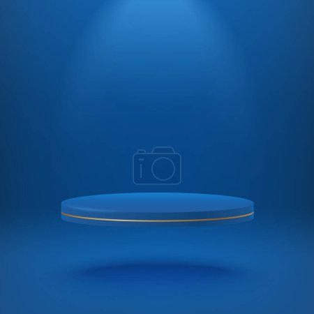 Téléchargez les photos : Bleu foncé vide réaliste podium cylindre 3D flottant sur l'air avec spot lumineux. Concept de cérémonie de remise des prix. Scène abstraite avec podium cylindrique. Plate-forme géométrique. Affichage du produit Mockup - en image libre de droit