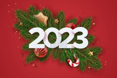 Téléchargez les photos : Bonne année 2023 bannière avec bonbons, brunchs de sapin et élément de Noël. Fond rouge festive avec des décorations réalistes. Affiche de promotion en rouge et vert - en image libre de droit