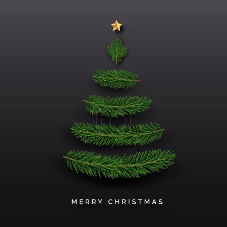 Illustration for Christmas tree made from green spruce branches with a star. Festive vector concept. Minimalistic new year illustration on dark background - Royalty Free Image