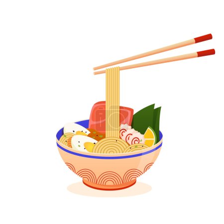 Illustration for Tonkotsu ramen soup bowl with noodles, nori, sliced braised pork, boiled eggs halves. Japanese noodles Chashu slice ramen bowl with chopsticks. Asian traditional cuisine - Royalty Free Image
