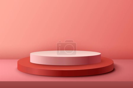 Illustration for Abstract 3D realistic red and pink empty round podiums. Minimal scene for product display presentation. Award ceremony concept. Abstract scene with cylindrical podiums. Geometry shape platform - Royalty Free Image