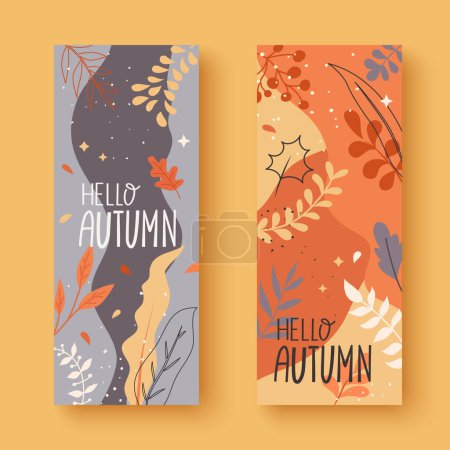 Ilustración de Conjunto de dos pancartas verticales en colores cálidos con hojas de otoño de colores - Imagen libre de derechos