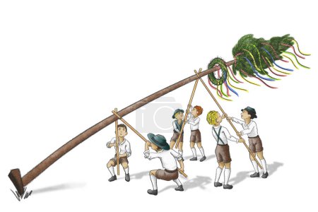 Photo for Illustration of a maypole being set up by strong men - Royalty Free Image