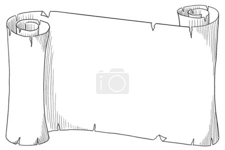line ink drawing of illustration of a parchment with text free space on white background