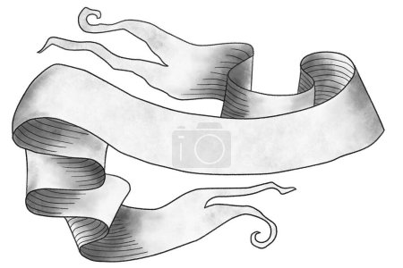 Illustration eines grauen Pergaments in Bleistiftlinien und Aquarell mit Textfläche auf weißem Hintergrund