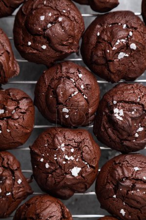 Téléchargez les photos : Vue du dessus des biscuits brownie faits maison avec dessus fissuré et flocons de sel saupoudré sur le support de refroidissement - en image libre de droit