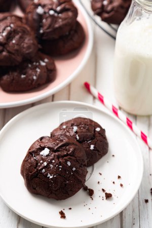 Téléchargez les photos : Délicieuse collation de biscuits maison brownie avec dessus fissuré et saupoudré de flocons de sel sur un plat et une petite bouteille de lait - en image libre de droit