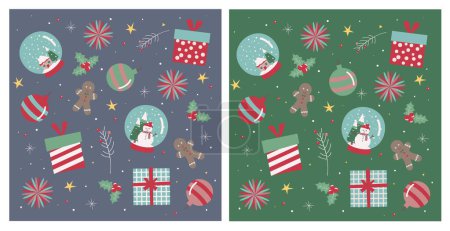 Téléchargez les photos : Modèle de Noël sans couture avec ornements, cadeaux, boule de neige et pain au gingembre en vert et bleu - en image libre de droit