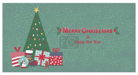 Téléchargez les photos : Jolie carte de voeux de Noël avec un arbre de Noël et des cadeaux dans un fond vert texturé - en image libre de droit