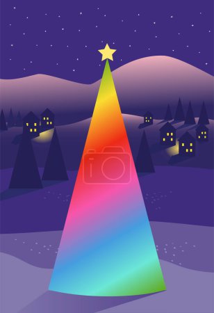 Téléchargez les photos : Arbre de Noël arc-en-ciel magique dans un paysage neigeux violet la nuit. Illustration vectorielle - en image libre de droit