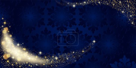Téléchargez les photos : Bonne année ou fond de Noël avec des vagues de poussière d'étoiles brillantes dorées sur une texture de flocons de neige. Espace de copie - en image libre de droit