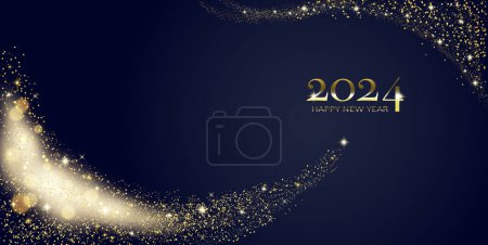 Téléchargez les photos : Bonne année 2024 carte de vœux avec texte doré et vagues brillantes de poussière d'étoiles - en image libre de droit