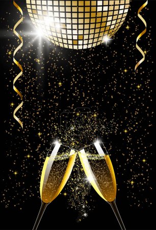 Téléchargez les photos : Deux verres de champagne grillé sous la boule disco et les confettis. Fête du Nouvel An. Espace de copie - en image libre de droit