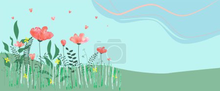 Téléchargez les photos : Valentines ou bannière printanière avec espace de copie. Illustration vectorielle d'un champ plein de fleurs rouges et de pétales en forme de cœur soufflant dans l'air. Technique mixte - en image libre de droit
