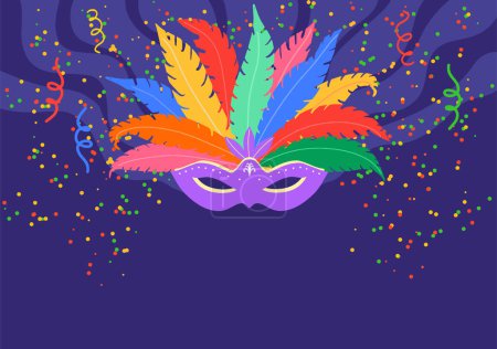 Téléchargez les photos : Illustration vectorielle d'un masque de carnaval coloré avec plumes et confettis dans un fond bleu avec espace de copie - en image libre de droit