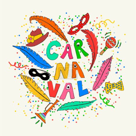 Téléchargez les photos : Carnaval (Carnaval) texte écrit à la main entouré de certains éléments traditionnels comme les plumes et le masque dans le style de dessin animé coloré - en image libre de droit