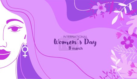 Téléchargez les photos : Illustration vectorielle d'une jeune femme souriante avec une boucle d'oreille en forme du symbole du genre féminin et les cheveux dans le vent entourés de fleurs, dans des couleurs violettes et lilas. - en image libre de droit